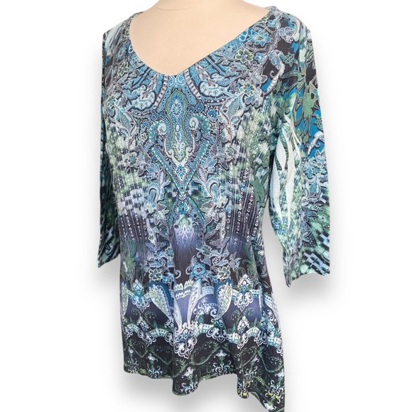 World Unity XXL 2XL Top Shirt Tunic Blue‎ V-Neck 3/4 Sleeve Beaded Stretch - Picture 6 of 7